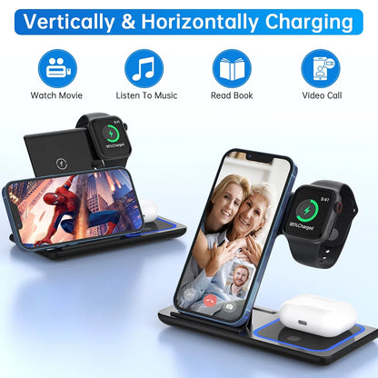 Wireless Charging stand, 18W Fast Iphone Charging Station for Iphone 16/15/14/13/12 /11/Pro Max/Plus, 3 in 1 Wireless Charging Stand for Iwatch Series SE 10/9/8/7/6/5/4/3, Airpods Pro/3/2 (W/ QC3.0 Adapter)