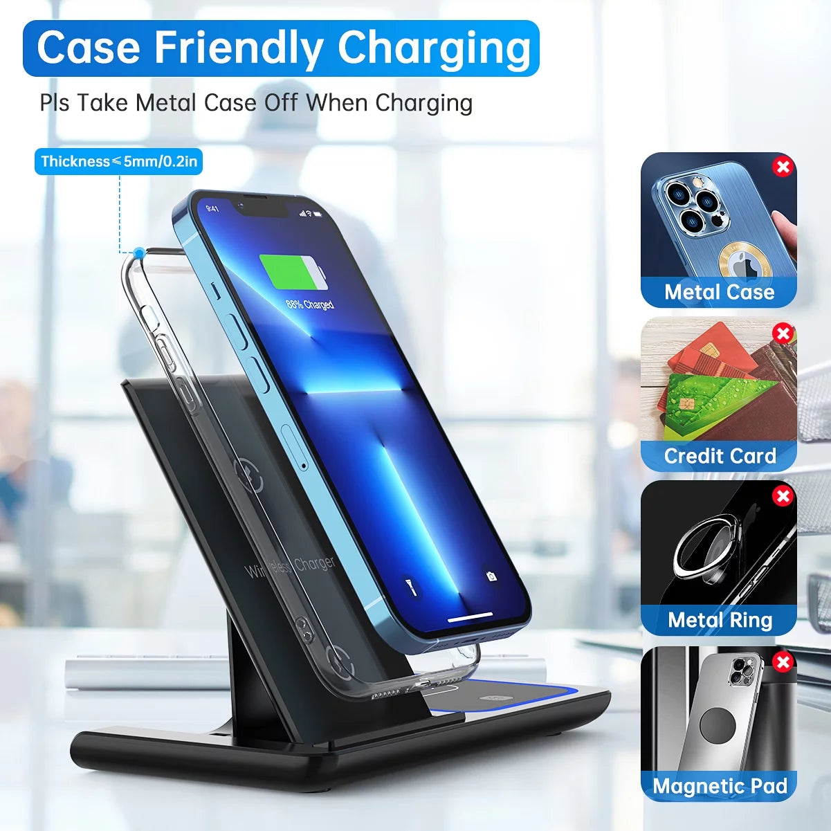 Wireless Charging stand, 18W Fast Iphone Charging Station for Iphone 16/15/14/13/12 /11/Pro Max/Plus, 3 in 1 Wireless Charging Stand for Iwatch Series SE 10/9/8/7/6/5/4/3, Airpods Pro/3/2 (W/ QC3.0 Adapter)