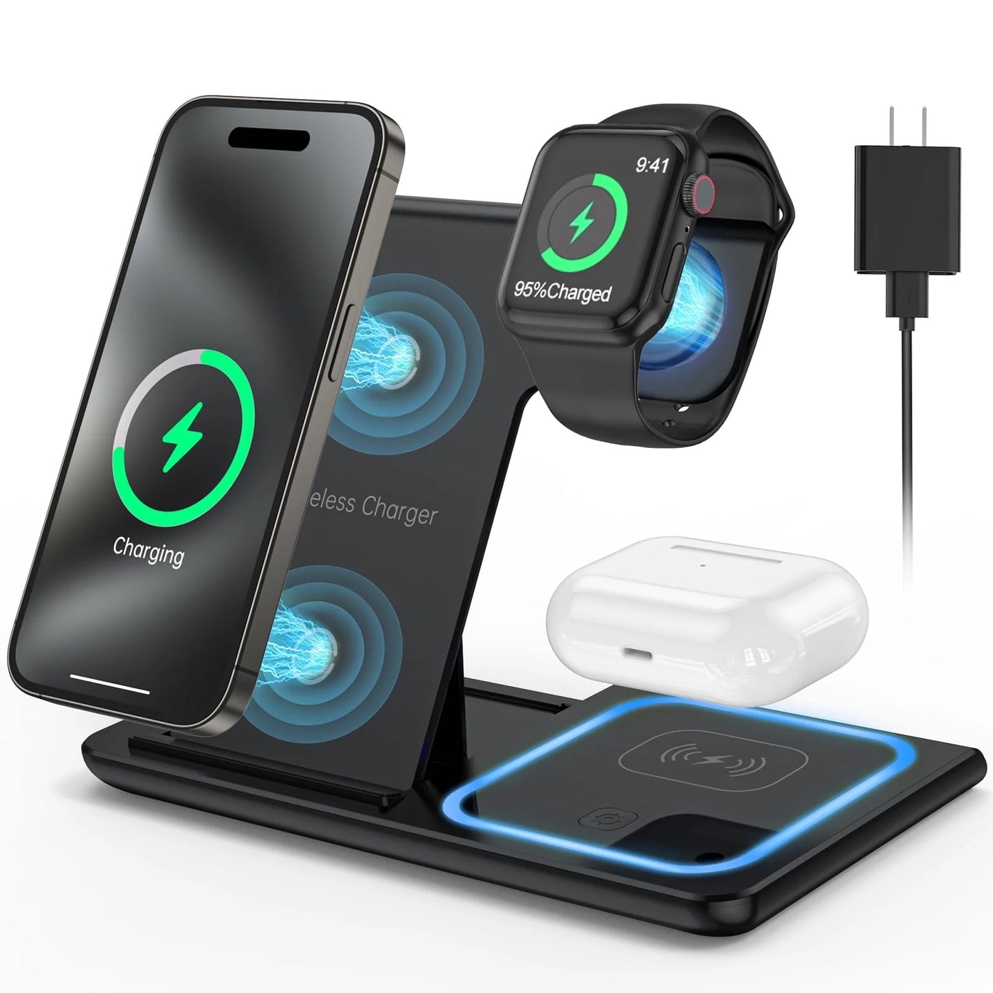 Wireless Charging stand, 18W Fast Iphone Charging Station for Iphone 16/15/14/13/12 /11/Pro Max/Plus, 3 in 1 Wireless Charging Stand for Iwatch Series SE 10/9/8/7/6/5/4/3, Airpods Pro/3/2 (W/ QC3.0 Adapter)