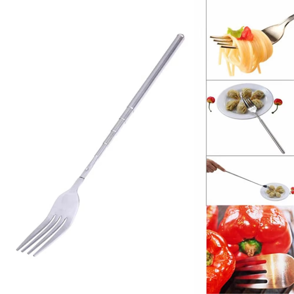 Food Fork Stainless Steel Sliver Telescopic Food Fork  Fork Extendable for Dinner Fruit 