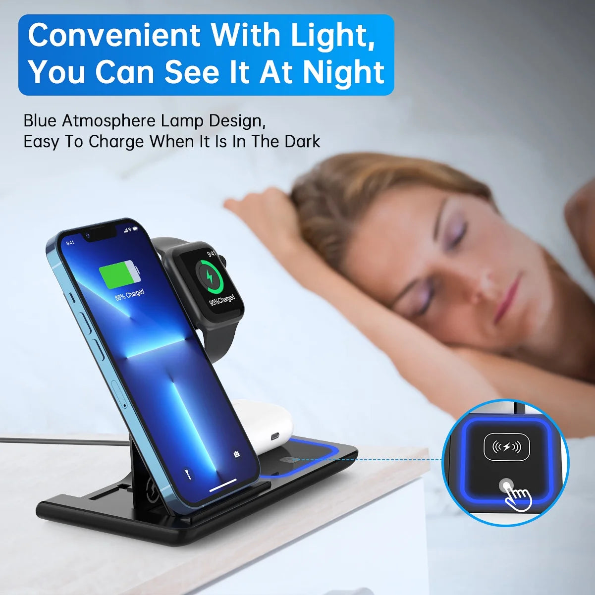 Wireless Charging stand, 18W Fast Iphone Charging Station for Iphone 16/15/14/13/12 /11/Pro Max/Plus, 3 in 1 Wireless Charging Stand for Iwatch Series SE 10/9/8/7/6/5/4/3, Airpods Pro/3/2 (W/ QC3.0 Adapter)