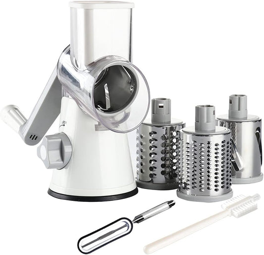 Cheese Grater Rotary Cheese Grater 3 Multi Blade Cheese Shredder Manual Vegetable Slicer with Non-Slip Suction Base Nuts Grinder