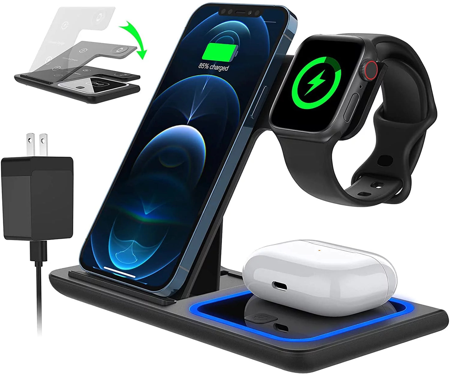 Wireless Charging stand, 18W Fast Iphone Charging Station for Iphone 16/15/14/13/12 /11/Pro Max/Plus, 3 in 1 Wireless Charging Stand for Iwatch Series SE 10/9/8/7/6/5/4/3, Airpods Pro/3/2 (W/ QC3.0 Adapter)